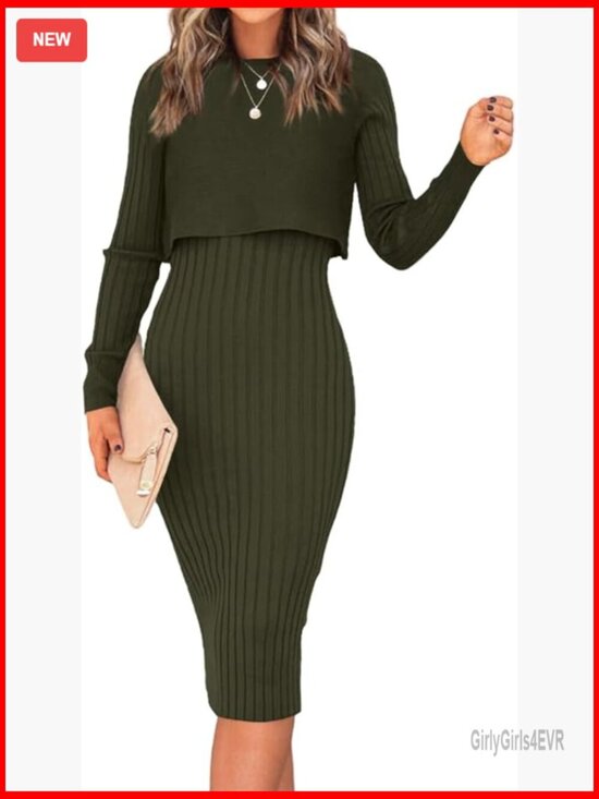 Dresses & Skirts - Long Sleeve Crop Top and Tank Bodycon Midi Dress 2-Piece Set